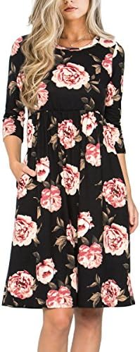 Risesun Women's Floral Print Crew Neck 3/4 Sleeve Pocket Empire-Waist Flowy Party Midi Dress