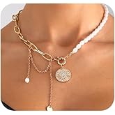 Gold Pearl Paper Clip Choker Necklace for Women,Vintage Bohemian Pearl Tassel Coin Pendant Statement Necklace,Trendy Party Banquet Jewelry Accessories Gift