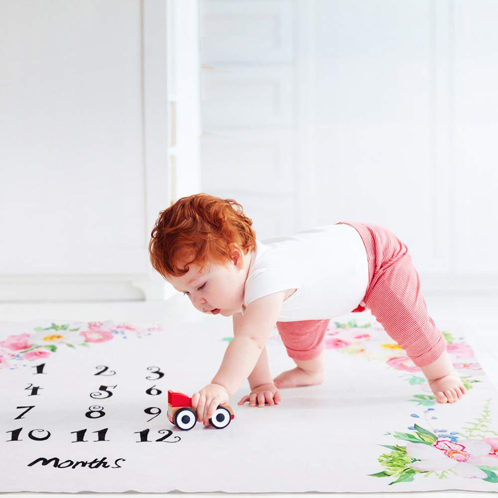 Baby Monthly Milestone Blanket, Premium Flannel Fleece, Includes Floral Wreath & Headband, Newborn Photography Prop, Baby Shower Gift