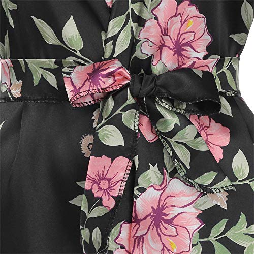 CofeeMO Women's Floral Print Kimono Silk Satin Pajamas,Fashion Lace Half Sleeve Ladies Long Sleepwear(Black,M)