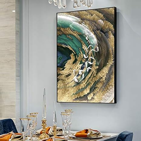 Vawaa Abstrait Dore Plume Peinture Sur Toile Grand Bleu Affiche Vert Imprimer De Luxe Mur Art Photo Pour Le Salon Effet 3d Tableaux 60x90cm No Frame Amazon Fr Cuisine Maison