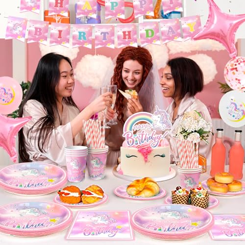 Unicorn Supplies Birthday Party - 130 Pieces Kit Unicorn Birthday Plates Unicorn Cups Napkins Table Cloth Banner etc Party Supplies Theme