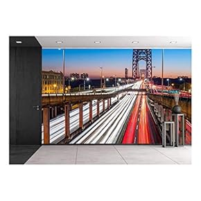 Rush Hour Traffic with Light Trails on George Washington Bridge, in New York City - Removable Wall Mural | Self-Adhesive Large Wallpaper - 66x96 inches