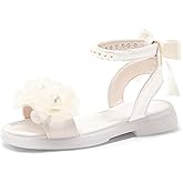 Haloumoning Girls Sandals Flower Girl Dress Shoes Chunky Low Heel Open Toe Pearl Ankle Strap Sandals Wedding Party Pumps