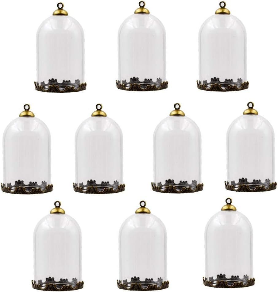 10 Pieces Clear Tube Glass Globe Bottle with findings Hollow Glass Dome, Glass Vial Pendant Charms (38x25mm Bronze Crown)