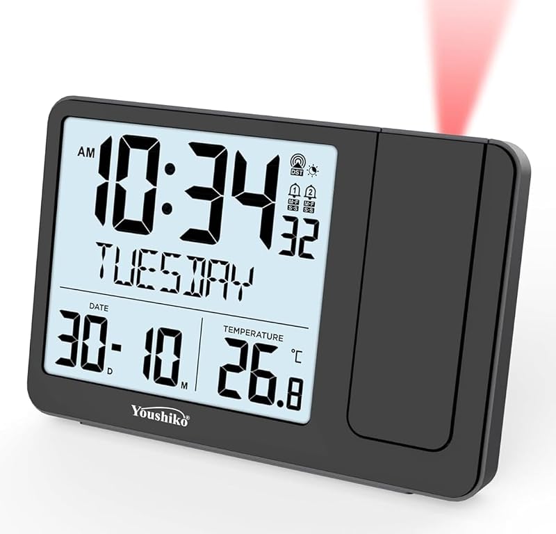 Youshiko Radio Control Projection Alarm Clock 2026 MSF UK Dual Alarms LCD Date
