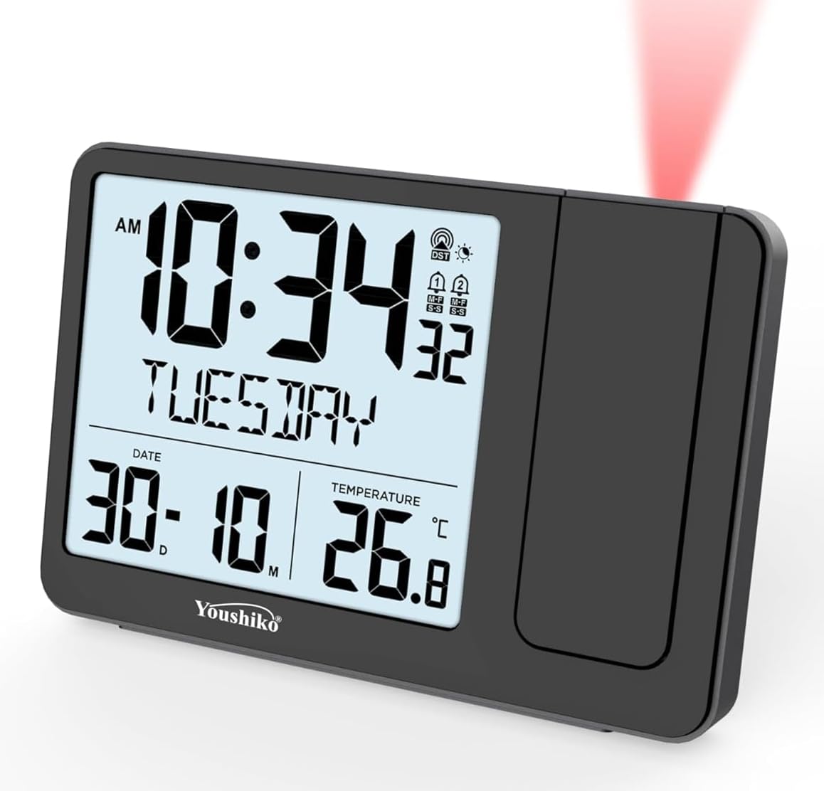 Youshiko Radio Control (Official 2026 MSF UK Version) Projection Alarm Clock, Bedroom Projector Clock Dual Alarms LCD Display Date Time