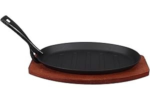 SHINEOFI Cast Iron Sizzling Plate 10-inch Steak Grill Pan with Wooden Base and Fork for Stovetop Cooking