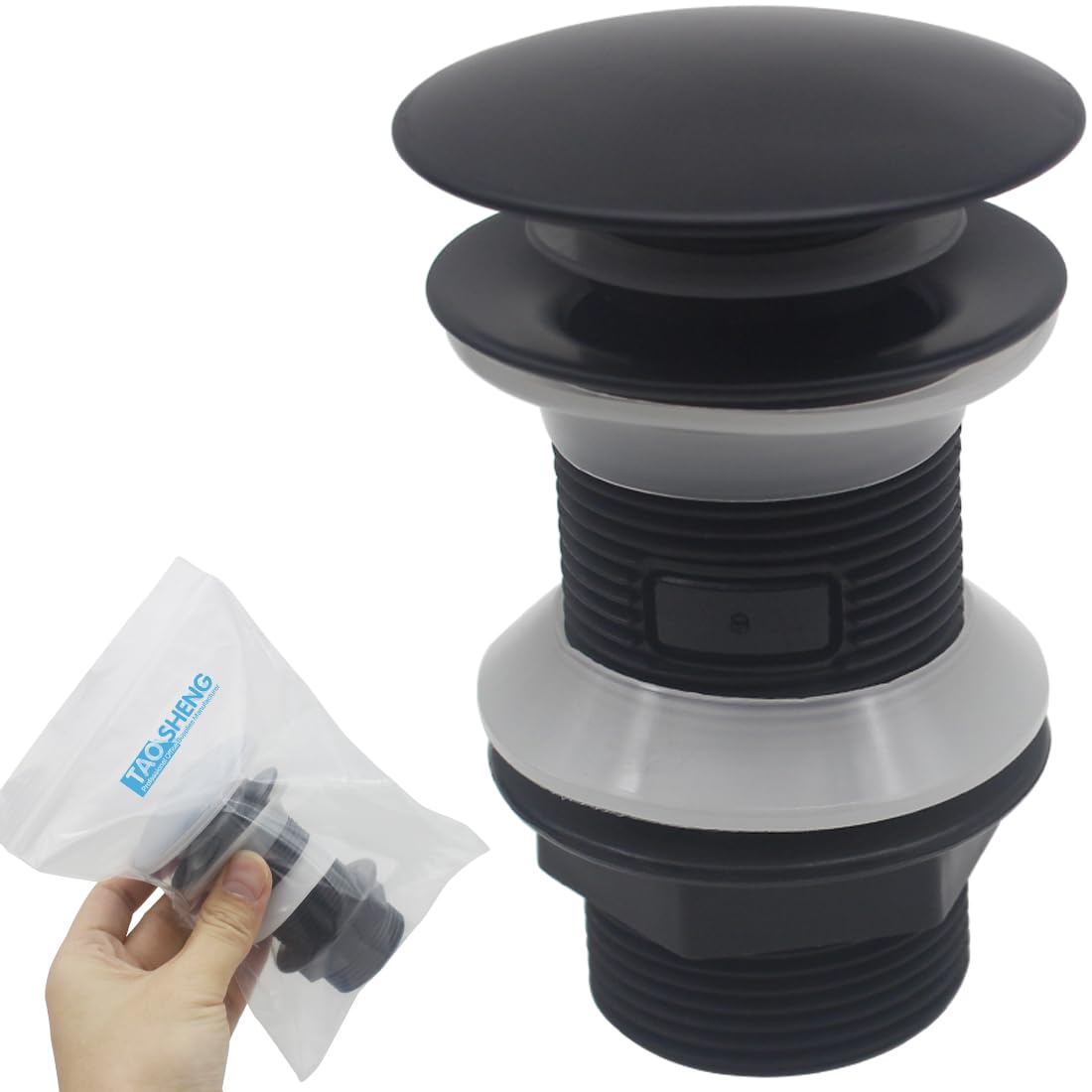 TAOSHENG Pop-up Basin Waste Unslotted Push Button Style, Matted Plastic Kitchen Bath Sink Pop Up Drainer fit 1/4 BSP UK Standard, Black 1 Pack