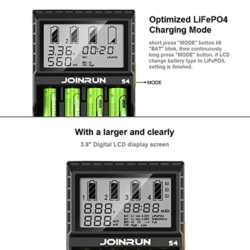 LCD Display Speedy Universal Battery Charger, WAAO Joinrun S4 Smart Charger for Rechargeable Batteries Ni-MH Ni-Cd A AA AAA C, Li-ion 18650 26650 26500 22650 18490 17670 17500 RCR123