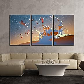 3 Piece Canvas Wall Art - Illustration - Santa Claus Balancing on Fantasy Houses,Illustration - Modern Home Art Stretched and Framed Ready to Hang - 16"x24"x3 Panels