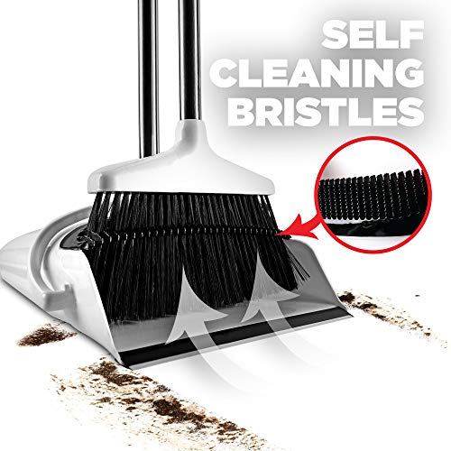 Broom and Dustpan Set with Self Cleaning Bristles, Upright Stand Up