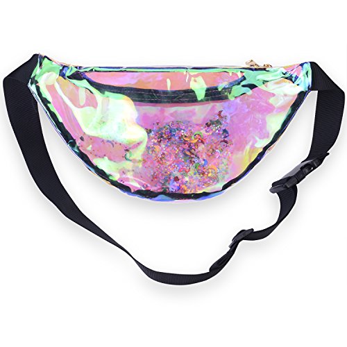 Miracu Holographic Fanny Pack, 80s Fanny Packs for Women and Men, Shiny Waist Pack Bum Bag Fashion for Rave, Festival, Party, Travel (Clear Quicksand) - Thumbnail 4