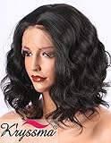 K’ryssma Black Short Bob Lace Front Wigs for Women Natural Looking Glueless Half Hand Tied Short Wavy Synthetic Wig Replacement Full Hair Wigs 12 inches