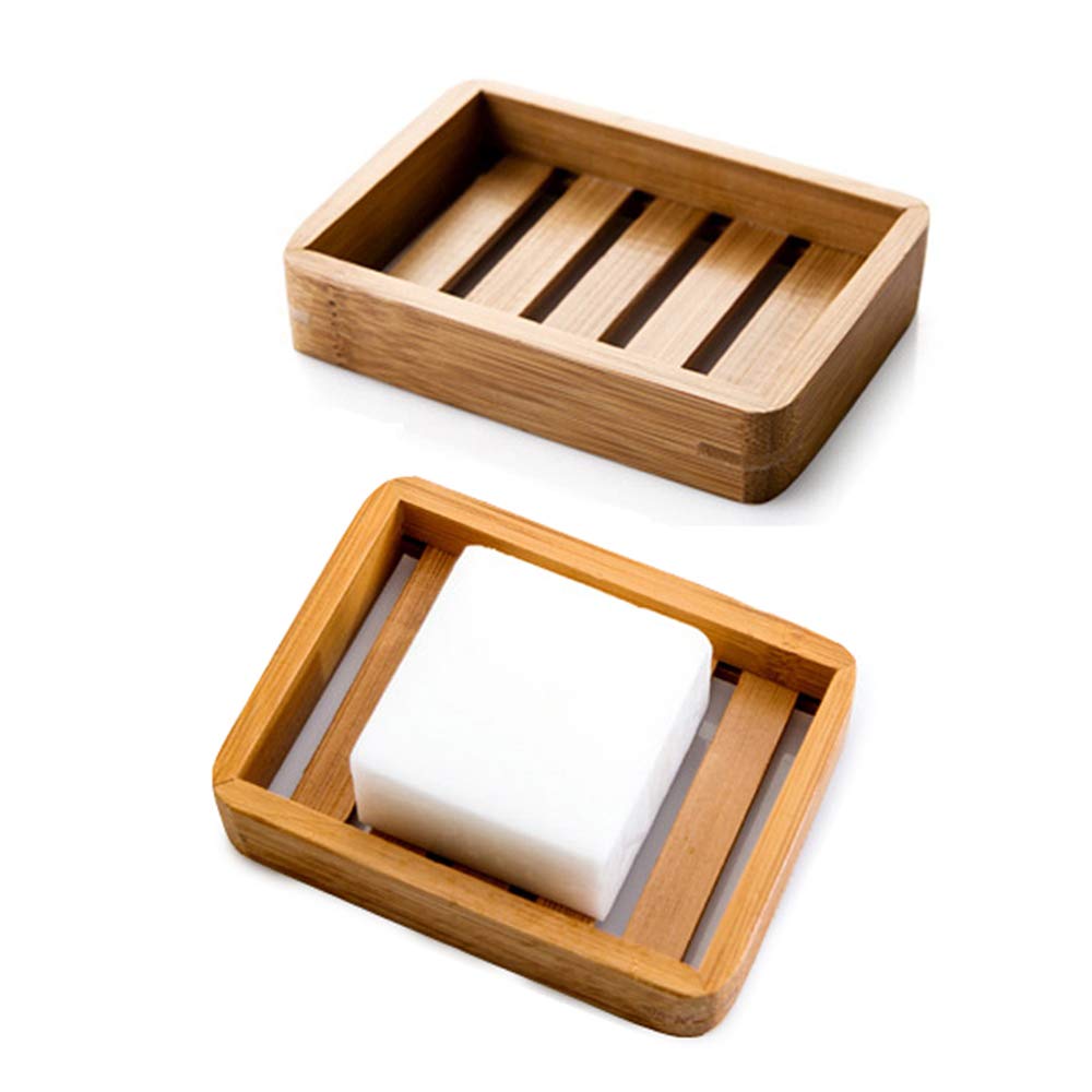 Kaxich 2 Pack Bamboo Wooden Soap Dish Drainer Shower Soap Storage Holder Saver Soap Tray Plate for Bathroom Shower Vanities Kitchen Sink