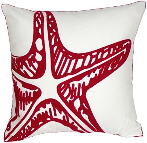 DECOPOW Embroidered Nautical Decor Pillow Covers,Square 18 inch Decorative Canvas Pillow Cover For Nautical Style Deco By (Red-Starfish)