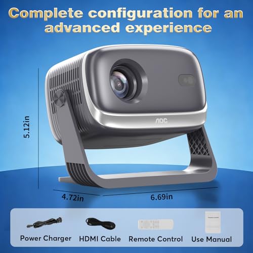 AOC Smart Projector Native 1080P 4K Support, 15000 Lumens, Android 13, WiFi 6 BT 5.2, Auto Focus & Keystone Portable Outdoor Projector, 360° Rotatable Projector with Built-in Apps (Black)