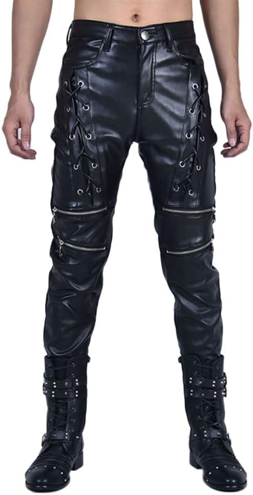 Idopy New Men`s Biker Style Black Faux Leather Trousers Front Lace UP Pants