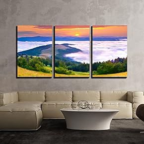3 Piece Canvas Wall Art - Digital Artwork in Watercolor Painting Style. Beautiful Summer Sunrise in The Mountains. - Modern Home Art Stretched and Framed Ready to Hang - 16"x24"x3 Panels