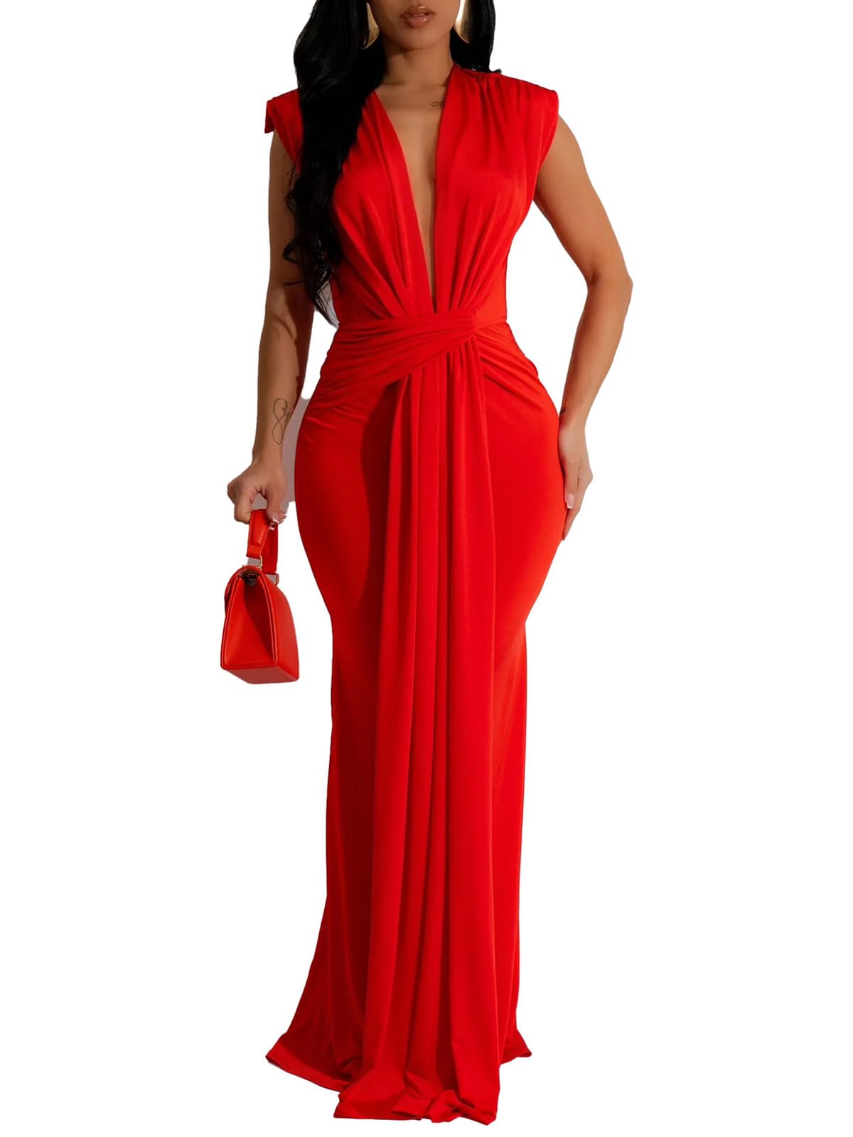 V-Neck Backless Tie Bodycon Maxi Dress