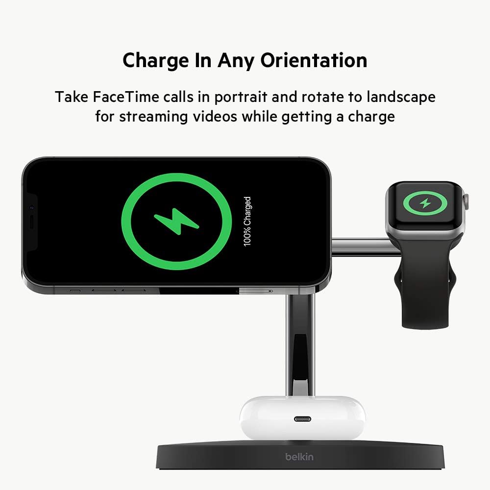 Belkin MagSafe 3-in-1 Wireless Charger, 15W iPhone Fast Charging, Apple Watch, AirPods Charging Station for iPhone 12, Pro, Pro Max, Mini, AppleWatch and AirPods
