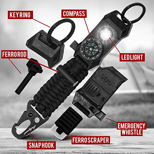 Men's Keychain | 11-in-1 LED Carabiner Lanyard Key Chain Fires Starter for Camping, Fishing, Hunting & Outdoor Emergencies Multipurpose Survival Tool Emergency Whistle, Flint Rod, Cutting Tool