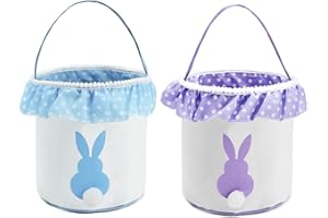 Waarms 2 Pack Easter Bunny Basket Bags for Kids, Canvas Cotton Personalized Egg Basket Hunt Bags Ruffled Rabbit Print Buckets with Fluffy Tail for Easter Eggs, Candy, Gift (Blue, Purple)