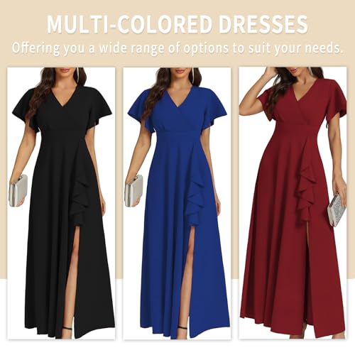 COOAN Women's Black Long Formal Dresses, Cocktail Dresses, Wedding Guest Dresses, Ruffle Division, Elegant V Neck, Party Dresses