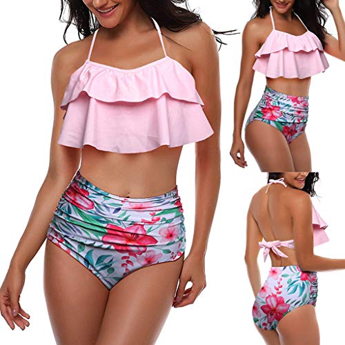 iYBUIA Sexy Leaf Print Twist Front High Wasit Bikini Set 2 Piece Bra Beach Swimsuit Pink