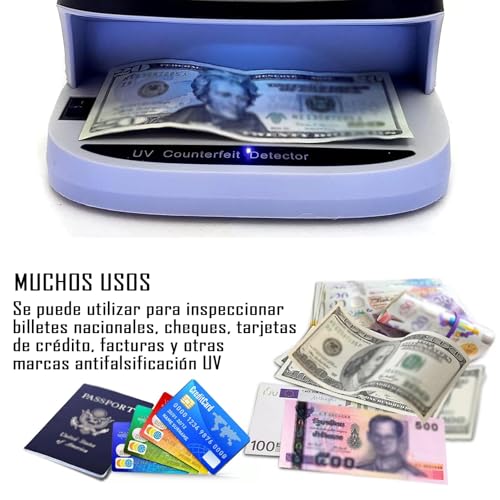 Detector billetes falsos, Máquina de billetes falsos con detector uv, Detector billetes falsos recargable, Luz de interruptor inteligente, para Pasaportes, Bancarios, Cheques, Tarjetas de Crédito
