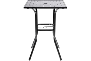 Omelaza Patio Height Bar Table, Outdoor Bistro Square High Top Dining Table with 1.57'' Umbrella Hole & Steel Slat Table Top (Black)
