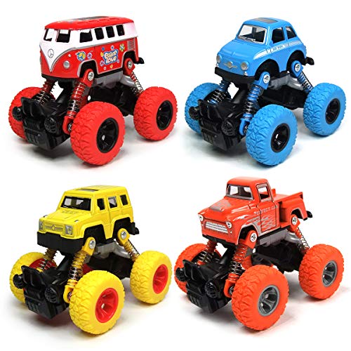 Toddler Toys Pullback Cars, 4-Packs Cars Toys Trucks Toys, Pull Back Vehicles with Shockproof Spring and Textured Rubber Tires, Friction Powered Fun Toys for Toddler Boys Girls Aged 3 and Above