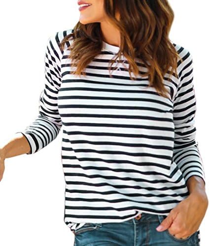 Orangeskycn Women Cotton Blouse Stripe Print Long Sleeve O Neck T Shirts Fall Outfits