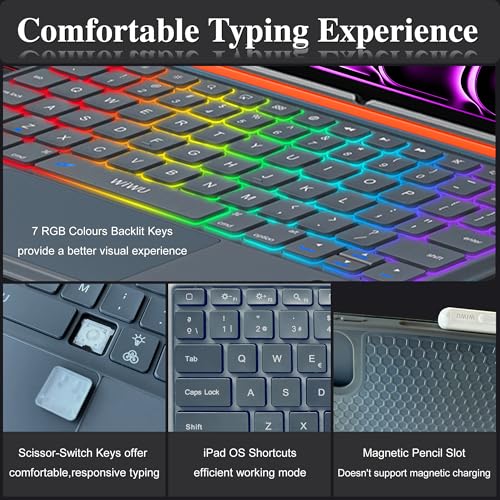 WIWU Keyboard for iPad Pro 13 M4/M5 2024/2025 Magnetic Case 3 in 1 Detachable Keyboard with Touchpad Adjustable Stand Backlit Keys 7 Colors (Gray, iPad Pro 13"(M4/M5 2024/2025)