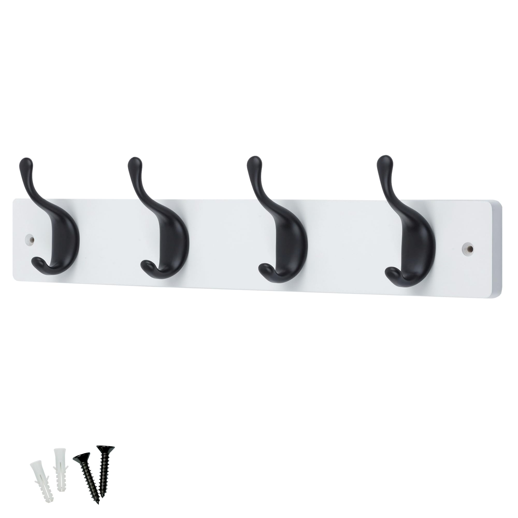keypak 4 Matte Black Coat Hooks on White Wooden 46cm Board - Modern Wall Door Mounted Coat Rack Clothes Hanger
