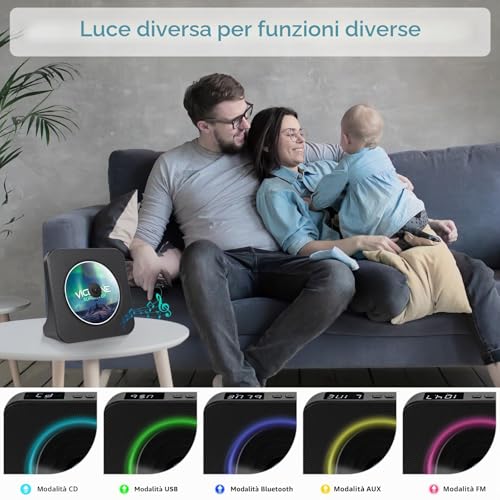 Lettore CD Bluetooth con design da scrivania, Lettore CD Radio portatile con doppie casse e timer, Supporta ingresso AUX/USB, Trasmissione Bluetooth, Album musicali in multipli formati