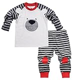 Aikobaby Newborn Baby Boy Bear Printed T-shirt Top + Striped Pants Outfits Set Kids Clothes (18-24M, Red)
