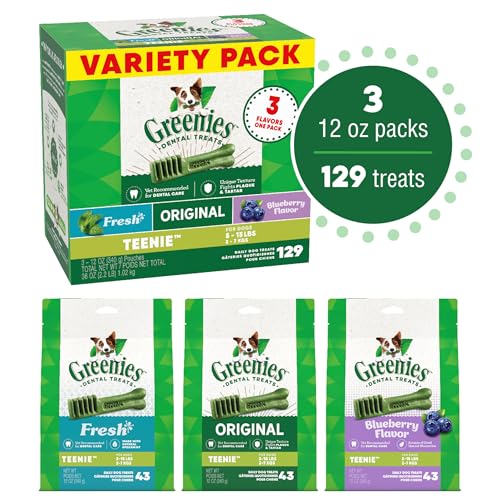 GREENIES DOG TREATS VETERINARIAN-RECOMMENDED NATURAL DENTAL TREATS FOR DOGS, TEENIE SIZE, VARIETY PACK FLAVOR, (3) 12 OZ. PACKS, 130 COUNT