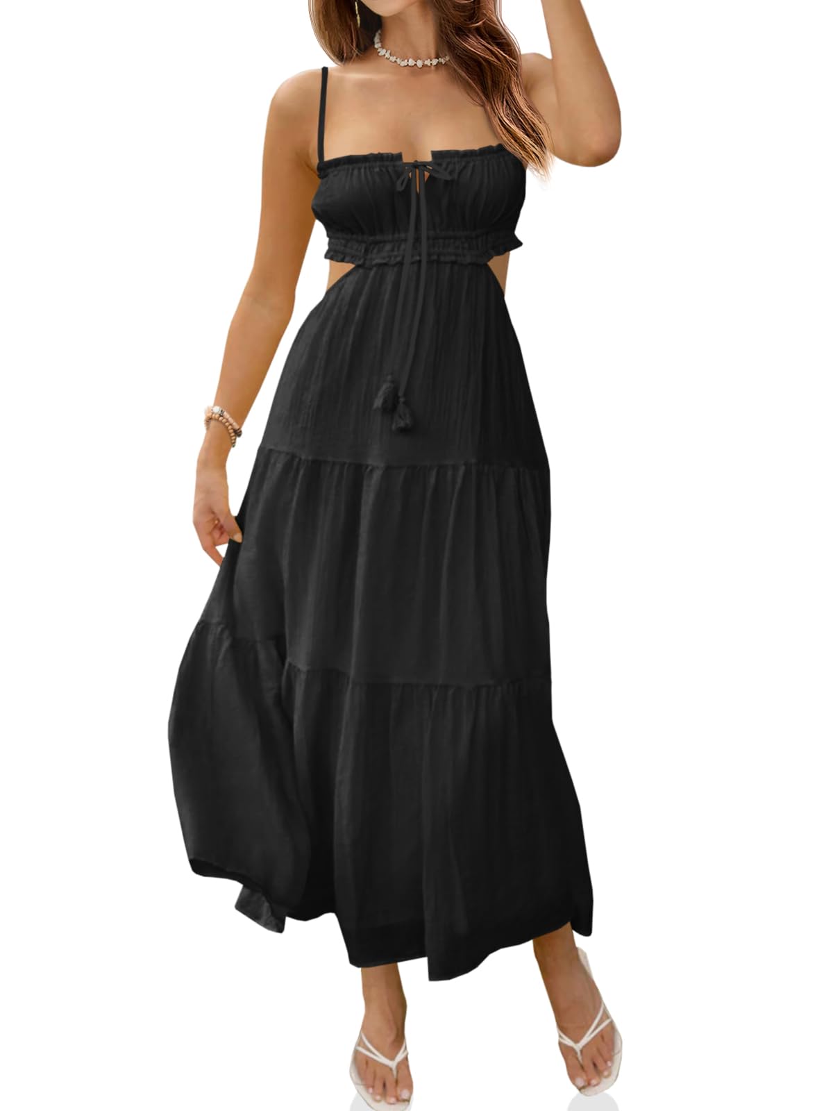 Photo 1 of Fisoew Women's Spaghetti Strap Maxi Dress Summer Sleeveless Side Cut Out Dress Casual Boho Backless Flowy Long Dresses Black