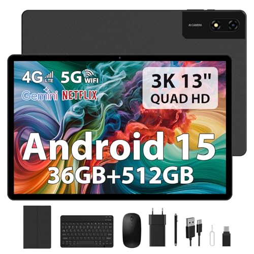 LEVIRTU Tablet 13 Zoll Android 15 Octa-Core 2.2GHz, 36GB RAM+512GB ROM (2TB TF), Dual SIM 4G LTE+5G WiFi, 11580mAh 18W PD, 2944x1840 FHD, Widevine L1,