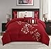 Chezmoi Collection Miranda 7-Piece Red Floral Hibiscus Embroidery Beige Comforter Bedding Set, California King