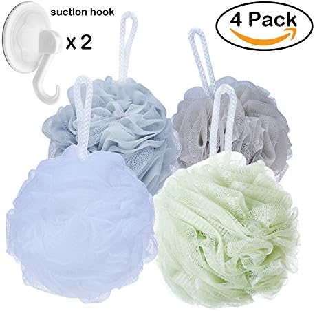 Shower Sponge Loofahs Bath Poufs Large with Bath Suction Hooks (60g/pcs)- Pack of 4