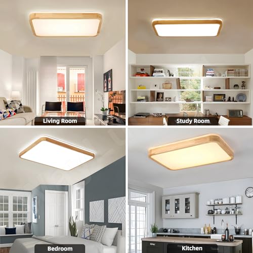 WayLuoung LED Wood Ceiling Light | 80 x 60 cm 3000-6000 K 78 W | Rectangular Natural Wood Lamp 360° Glow for Bedroom Living Room Children's Bedroom Kitchen Room (Dimmable with Remote Control)