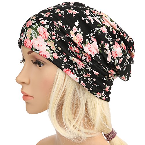 DancMolly Print Flower Head Cap Cancer Hats Beanie Stretch Casual Turbans for Women (Black 2)