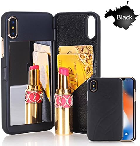 Iphone X Case, [3D Mirror Series] Card Holder Kickstand Wallet Style Protective Back Cover Case with Screen Protector for Apple iPhone X 5.8 Inch (Black)