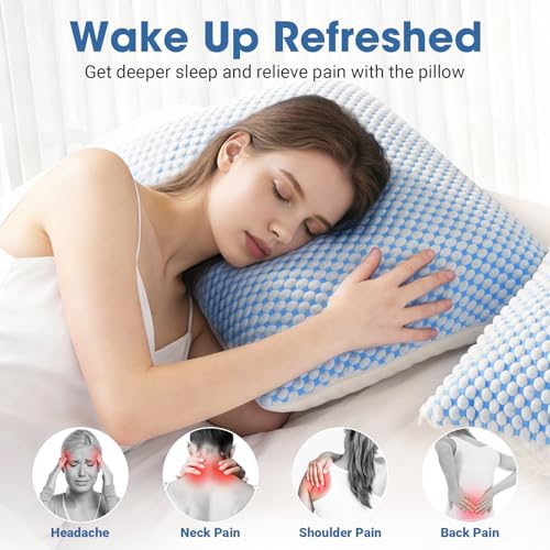 EASELAND Firm Pillow Shredded Memory Foam(Adjustable Loft), Breathable Cooling Bed Pillows Supportive for Side Back Stomach Sleepers Queen Size 2 Pack Blue and White