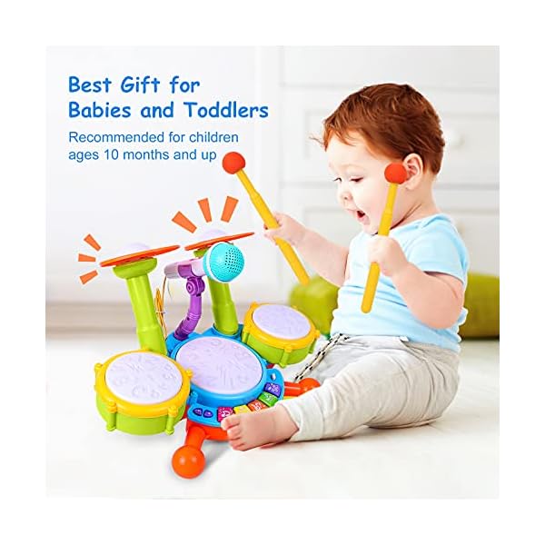 Kids Drum Set, Rabing Electric Musical Instruments Toys with 2 Drum Sticks, Beats Flash Light and Adjustable Microphone…