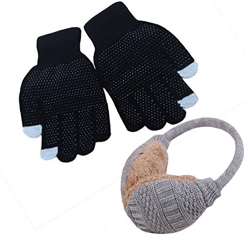 Warm Winter Set-1 Removable Warm Winter Earmuffs,Ear Cover Wrap Adjustable Cold Weather Ski Snow Warm Ear Muffs And 1 Non-Slip Touchscreen Gloves Winter Warm Knit (gray)