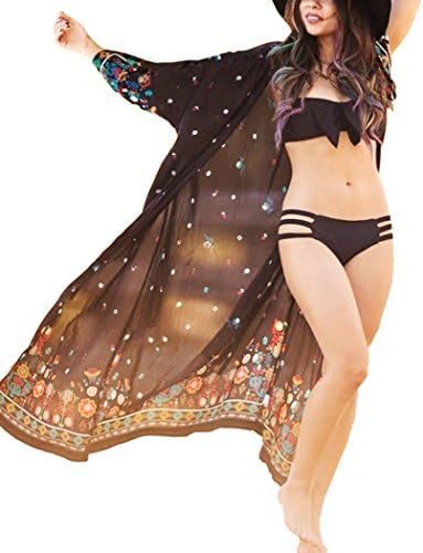 Floral Season Womens Casual Long Chiffon Swimwear Kaftan Sheer Cover up Black XX-Large