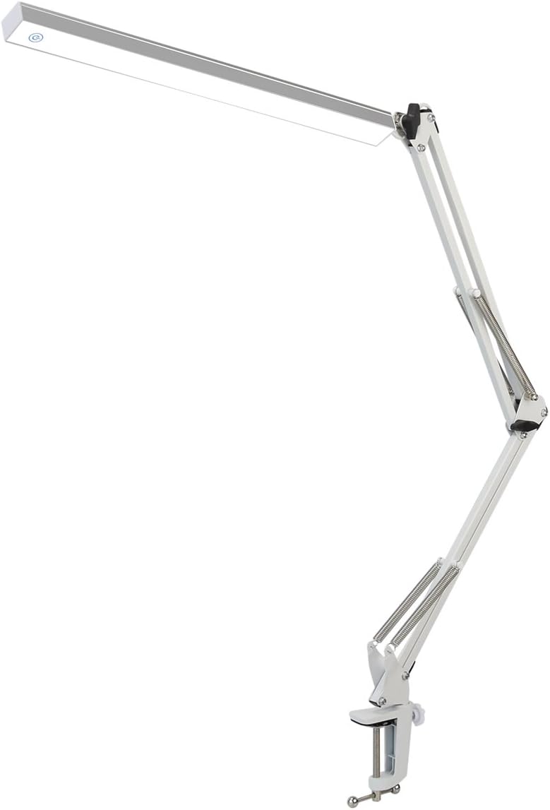 BZBRLZ Metal LED Swing Arm Desk Lamp with clamp, Dimmable Architect Drafting Lamp for Study/Reading/Office/Work, 3 Brightness Levels, Touch Control (White)